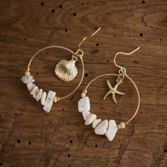 Seashell Bead Hoop Dangle Earrings - Picture 3 of 10